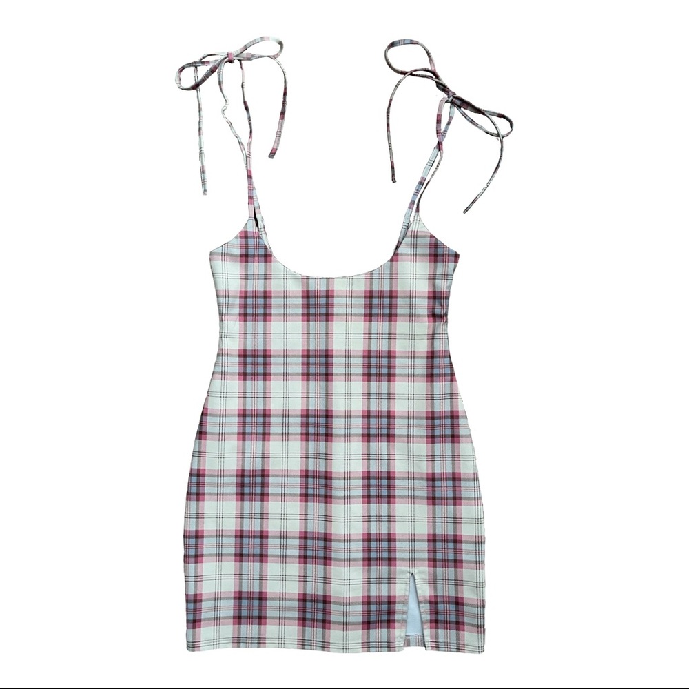 papaya : pastel plaid mini dress w ribbon ties